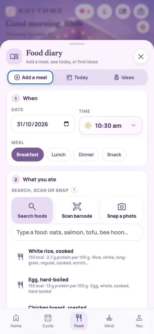 The food diary: add a meal by searching, scanning or a photo